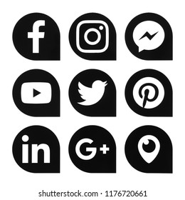 Kiev, Ukraine - JULY 2, 2018: Popular social media icons such as: Twitter, pinterest, LinkedIn and others, printed on white paper.