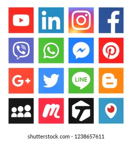 Kiev, Ukraine - July 2, 2018: Popular Social Media Icons Such As: Facebook, Twitter, Pinterest, LinkedIn And Others, Printed On White Paper.