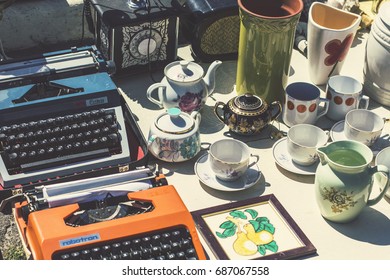 KIEV, UKRAINE - July 2017: Flea Market In Kiev. Old Vintage Stuff For Sale. Different Used Products: Books, Electronics, Utensils For Sale On Secondhand Market In Kiev, Ukraine