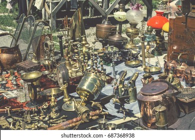 KIEV, UKRAINE - July 2017: Flea Market In Kiev. Old Vintage Stuff For Sale. Different Used Products: Vessels, Vases, Electronics, Home Utensils For Sale On Secondhand Market In Kiev, Ukraine