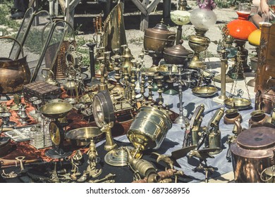 KIEV, UKRAINE - July 2017: Flea Market In Kiev. Old Vintage Stuff For Sale. Different Used Products: Vessels, Vases, Electronics, Home Utensils For Sale On Secondhand Market In Kiev, Ukraine