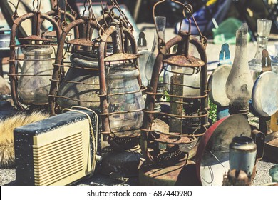 KIEV, UKRAINE - July 2017: Flea Market In Kiev. Old Vintage Stuff For Sale. Different Used Products: Gas Lamps,electronics, Utensils For Sale On Secondhand Market In Kiev, Ukraine