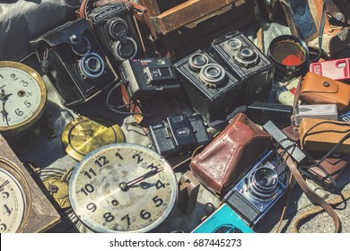 KIEV, UKRAINE - July 2017: Flea Market In Kiev. Old Vintage Stuff For Sale. Different Used Devices, Electronics, Camera, Clocks, Utensils For Sale On Secondhand Market In Kiev, Ukraine