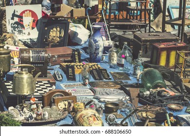 KIEV, UKRAINE - July 2017: Flea Market In Kiev. Old Vintage Stuff For Sale. Different Used Products: Furniture, Electronics, Utensils For Sale On Secondhand Market In Kiev, Ukraine