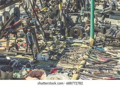 KIEV, UKRAINE - July 2017: Flea Market In Kiev. Old Vintage Stuff For Sale. Different Used Items: Metal Instruments, Electronics, Devices, Tools For Sale On Secondhand Market In Kiev, Ukraine