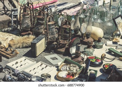 KIEV, UKRAINE - July 2017: Flea Market In Kiev. Old Vintage Stuff For Sale. Different Used Products: Gas Lamps,electronics, Jars, Utensils For Sale On Secondhand Market In Kiev, Ukraine