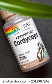 KIEV, UKRAINE - July 23, 2021: Cordyceps, Organically Grown Fermented Cordyceps, Solaray, 500 Mg, 60 Vegetarian Capsules. Organic Mushroom Mycelium