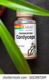 KIEV, UKRAINE - July 23, 2021: Cordyceps, Organically Grown Fermented Cordyceps, Solaray, 500 Mg, 60 Vegetarian Capsules. Organic Mushroom Mycelium