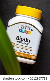 KIEV, UKRAINE - July 23, 2021: 21st Century, Biotin, 10,000 Mcg, 120 Tablets. Biotin Is Part Of The B Vitamin Complex To Promote Healthy Hair, Skin And Nails