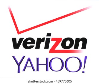 Kiev, Ukraine - July 26, 2016: Yahoo and Verizon Communications logos printed on white paper. Verizon Communications is a new owner of Yahoo services.