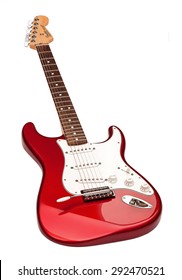 KIEV, UKRAINE - JULY 28, 2014: red six-stringed electric guitar Fender Stratocaster isolated on white