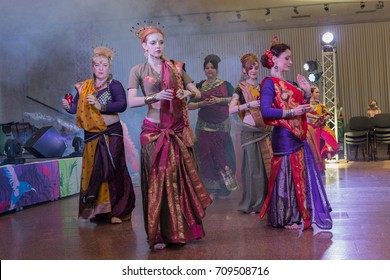Kiev, Ukraine - July 30, 2017: Women perform oriental dances in national Indian kostums at the festival "VedaLife"