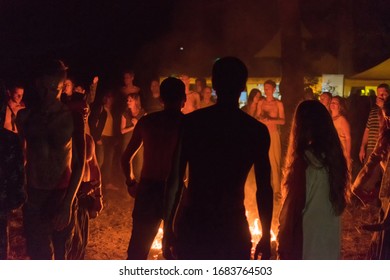 Kiev, Ukraine, - June 03, 2018: A Lot Of People Around The Fire At Night At The Festival.