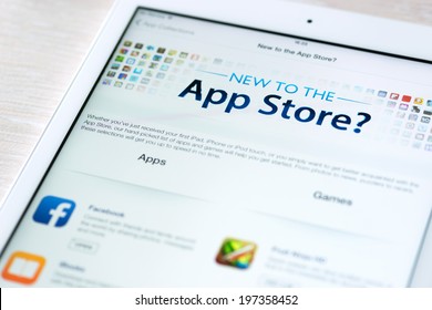 KIEV, UKRAINE - JUNE 05, 2014: App Store Features Information Page On Brand New Apple IPad Air. App Store Is A Digital Distribution Service For Mobile Apps On IOS Platform, Developed By Apple Inc.