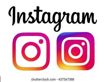 Kiev, Ukraine - June 1, 2016: Collection of new Instagram logos printed on paper. Instagram is an online service that enables its users to share pictures and videos on social networking platforms.
