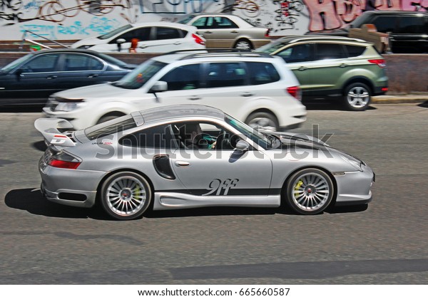 Kiev, Ukraine - June 10, 2017: Porsche 911 (996)\
Turbo 9FF in motion
