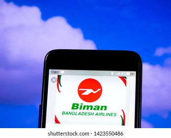 KIEV, UKRAINE - June 13, 2019: In This Photo Illustration The Biman Bangladesh Airlines Logo Is Seen Displayed On A Smartphone