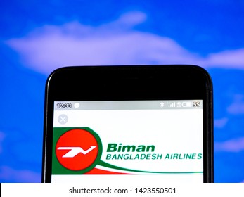 KIEV, UKRAINE - June 13, 2019: In This Photo Illustration The Biman Bangladesh Airlines Logo Is Seen Displayed On A Smartphone