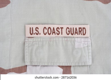 KIEV, UKRAINE - June 14, 2015. US COAST GUARD Branch Tape On Desert Camouflage Uniform