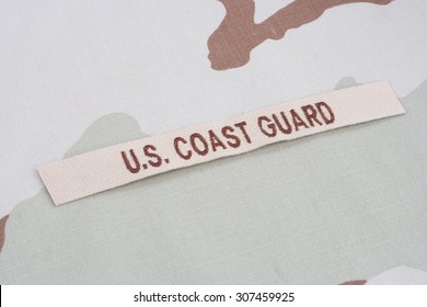 KIEV, UKRAINE - June 14, 2015. US COAST GUARD Branch Tape On Desert Camouflage Uniform