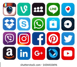 Kiev, Ukraine - June 15, 2019: Set of popular social media icons: Viber, Pinterest, Twitter, YouTube, WhatsApp, Snapchat, Facebook, Skype, Instagram, Flickr and others printed on white paper