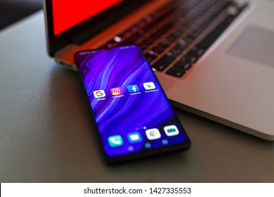 Kiev, Ukraine- June 18 2019: Close Up Photo Of Huawei, Google, Facebook App Icons On A Smartphone Screen. Illustrative Photo For The Recent News About US -China Tech Giants.