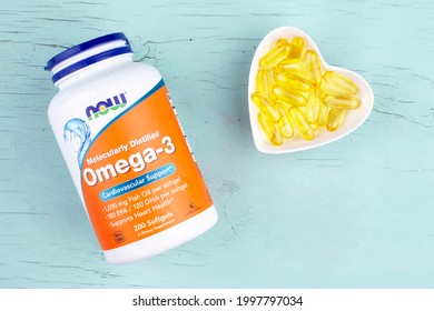 Kiev, Ukraine - June 27, 2021: Now Foods, An Omega-3 Purified At The Molecular Level. Cardiovascular Support