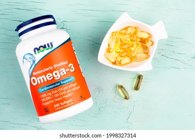 Kiev, Ukraine - June 27, 2021: Now Foods, An Omega-3 Purified At The Molecular Level. Cardiovascular Support