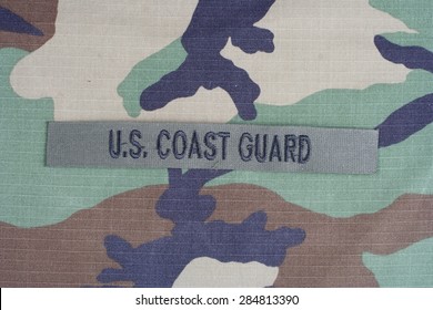 KIEV, UKRAINE - June 6, 2015. US COAST GUARD Branch Tape On Woodland Camouflage Uniform