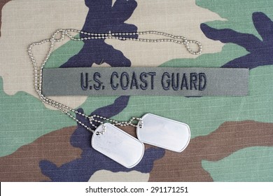 KIEV, UKRAINE - June 6, 2015. US COAST GUARD Branch Tape And Dog Tags On Woodland Camouflage Uniform