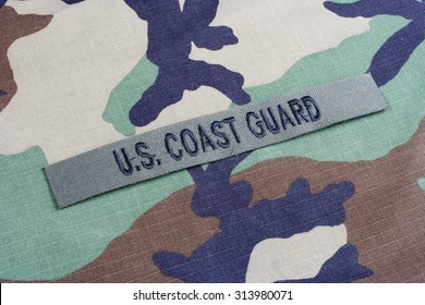 KIEV, UKRAINE - June 6, 2015. US COAST GUARD Branch Tape On Woodland Camouflage Uniform