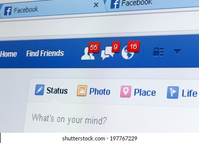 KIEV, UKRAINE - June 8: Facebook Web Page Closeup With Notifications Of New Friends Request And Messages, And Blank Status Line, In Kiev, Ukraine, On June 8, 2014.