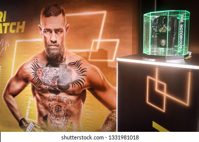 Kiev, Ukraine - March 02, 2019: Conor McGregor Glove close-up with autograph during WWFC 14 international professional mixed martial arts tournament in Palace of sport, Ukraine