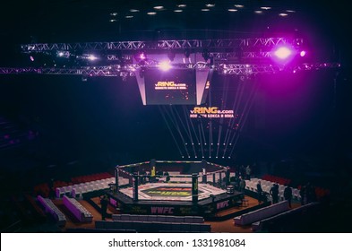 Kiev, Ukraine - March 02, 2019: General view of the ring mma octagon inside the palace of sports before WWFC 14 international professional mixed martial arts tournament in Palace of sport, Ukraine