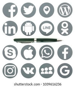 Kiev, Ukraine - MARCH 06, 2018: The Pen Lies On The Collection Of Popular Social Media Logos Printed On Paper: Facebook, Twitter, LinkedIn, Instagram, Line And Other