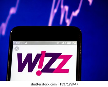 KIEV, UKRAINE - March 12, 2019: Wizz Air Holdings plc company logo seen displayed on smart phone.