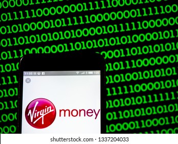 KIEV, UKRAINE - March 12, 2019: Virgin Money UK Plc Company Logo Seen Displayed On Smart Phone.