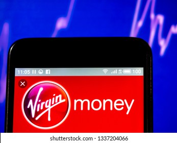 KIEV, UKRAINE - March 12, 2019: Virgin Money UK Plc Company Logo Seen Displayed On Smart Phone.