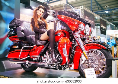 KIEV, UKRAINE - MARCH 13, 2016:  Unidentified model on display at MotoBike 2016 Motor Show in Kiev, Ukraine. MotoBike is the largest annual motorcycle show in Ukraine.