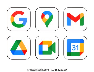 Kiev, Ukraine - March 15, 2021: Icons set of Google services: Google Search, Gmail, Play Store, Photos, Calendar, Drive, and Duo, printed on white paper