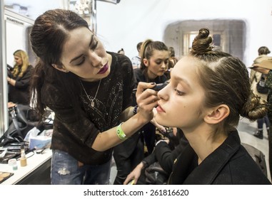 KIEV, UKRAINE -MARCH 18, 2015: A Model Has Her Makeup Done Backstage During Ukrainian Fashion Week