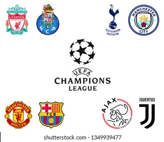 Kiev, Ukraine - March 19, 2019: Set of top 8 european football clubs logos, whitch went to Champions league play off. Isolated on white. 