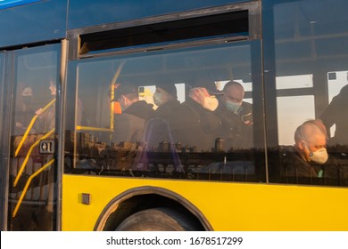 KIEV, Ukraine - March 19 ,2020:Passengers In Public Transport In Medical Masks. Coronavirus Prevention