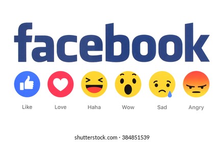 Kiev, Ukraine - March 2, 2016: New Facebook like button 6 Empathetic Emoji Reactions printed on white paper. Facebook is a well-known social networking service.