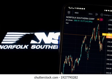 Kiev, Ukraine, March 2, 2021.  In this photo illustration the stock market information of Norfolk Southern Corporation displays on a smartphone while the logo of Norfolk Southern Corporation 