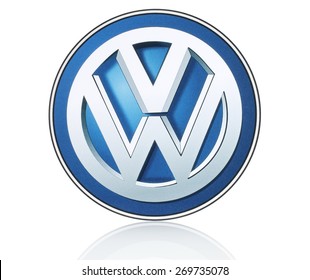 KIEV, UKRAINE - MARCH 21, 2015: Volkswagen logo printed on paper and placed on white background. Volkswagen is a German automobile manufacturer.