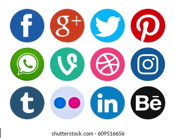 Kiev, Ukraine - March 23, 2017: Collection of popular social media logos printed on paper: Facebook, Twitter, Google Plus, Instagram, Pinterest, LinkedIn and others.