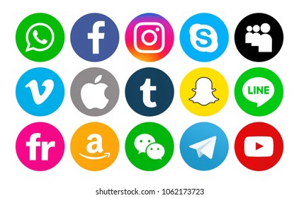 Kiev, Ukraine - March 25, 2018: Set of popular social media icons printed on white paper: Facebook, Instagram, Snapchat, MySpace, Telegram, Amazon, YouTube, WeChat, Skype, Vimeo, Line, Tumblr, Flickr.