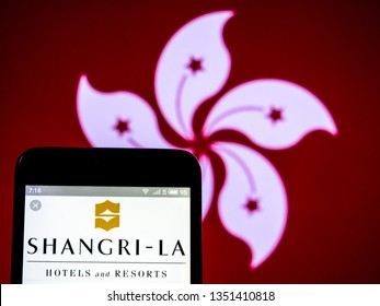 KIEV, UKRAINE - March 27, 2019: In This Photo Illustration A Shangri-La Hotels And Resorts Logo Seen Displayed On A Smart Phone.