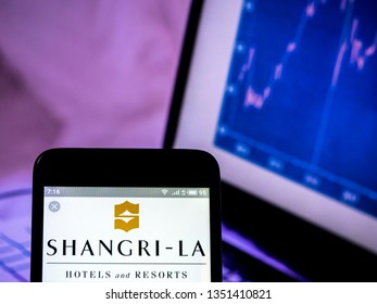 KIEV, UKRAINE - March 27, 2019: In This Photo Illustration A Shangri-La Hotels And Resorts Logo Seen Displayed On A Smart Phone.